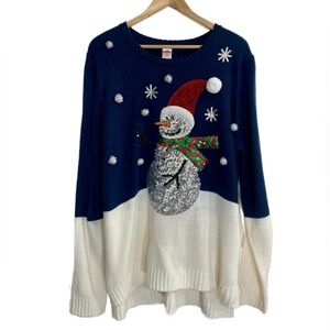 Holiday Time blue & white holiday sweater w/ sequin snowman